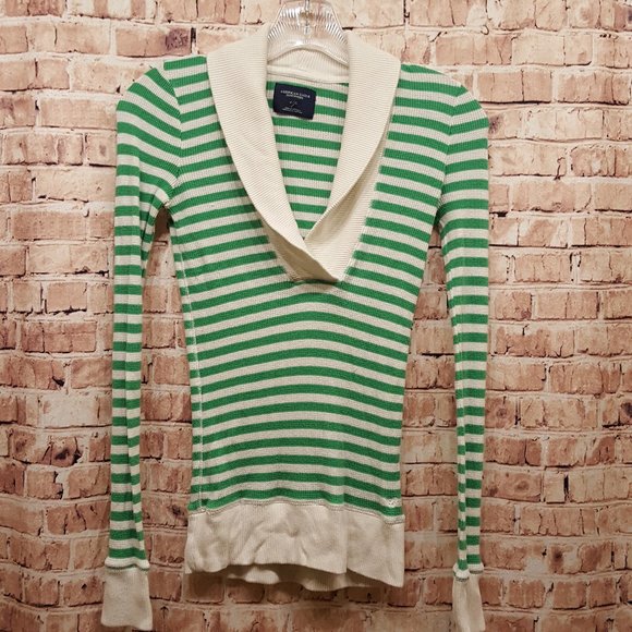 American Eagle Outfitters Green-White Striped Sweater SP - Picture 1 of 7